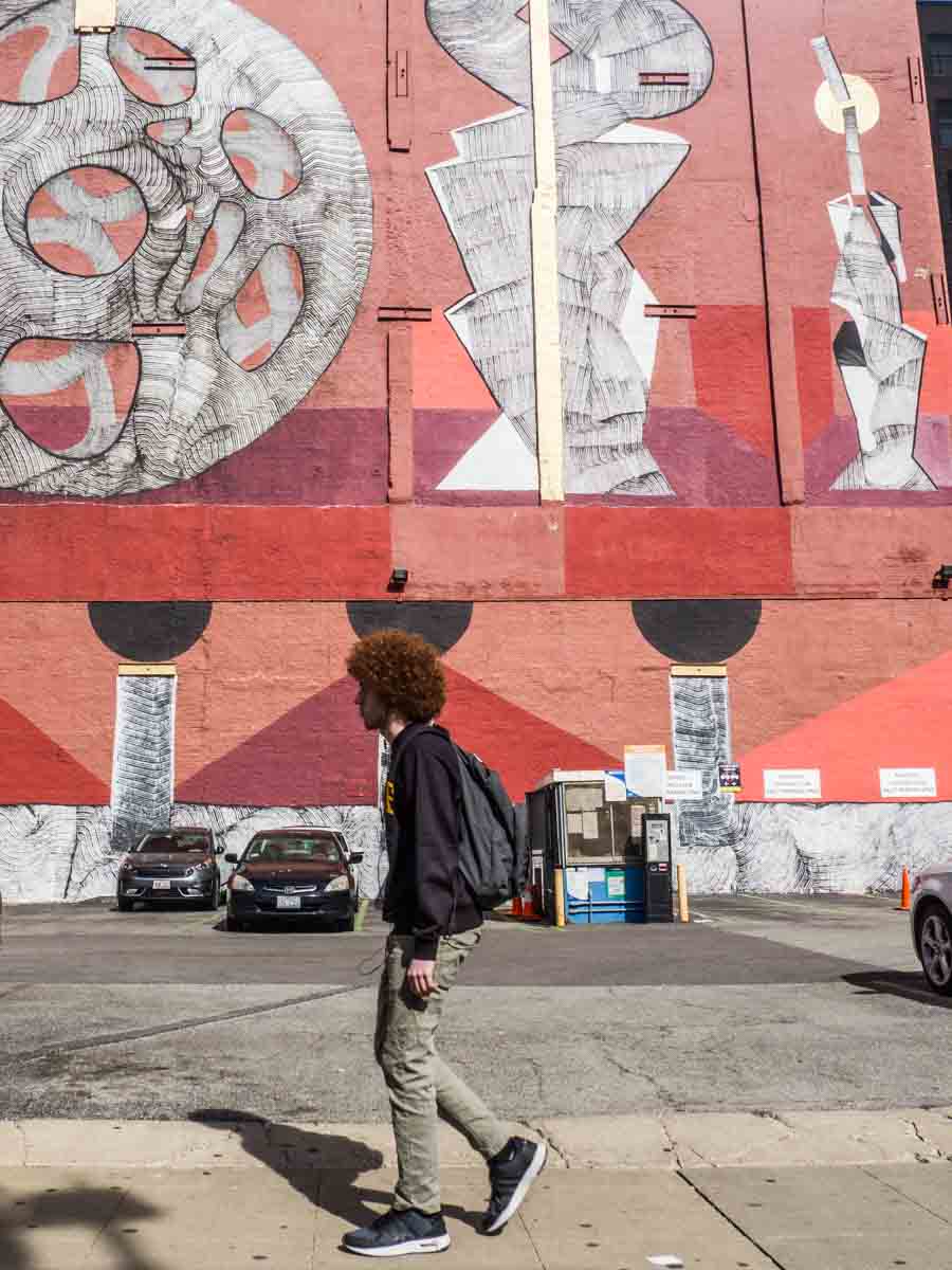 Red mural on Wabash street art corridor