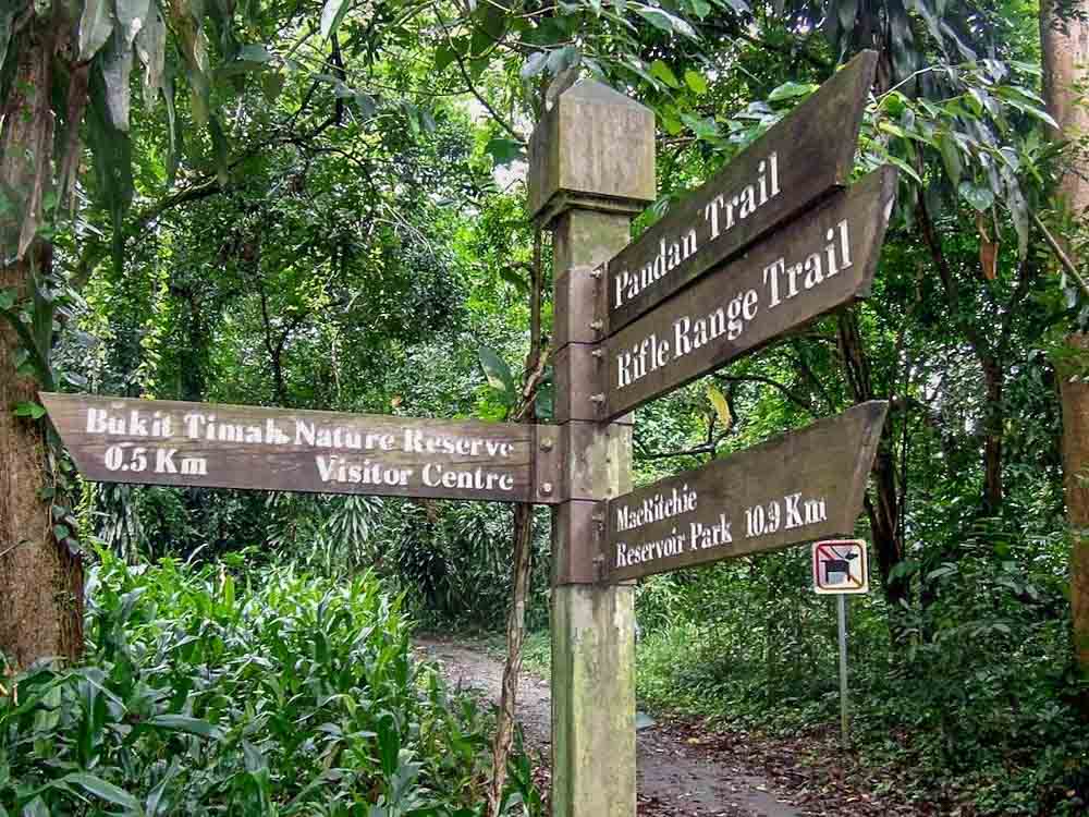 Unuaual places in Singapore: Bukit Timah Nature Reserve sign with trees