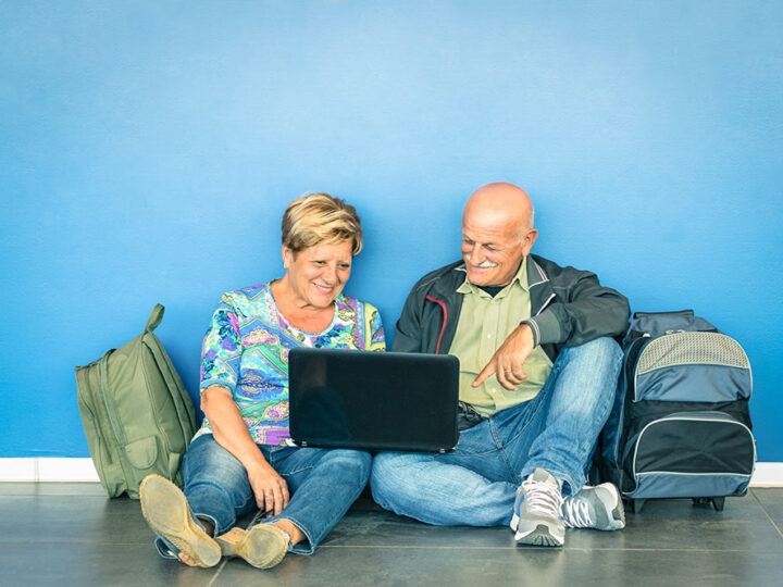 VPN protect data while traveling. Man and woman with luggage