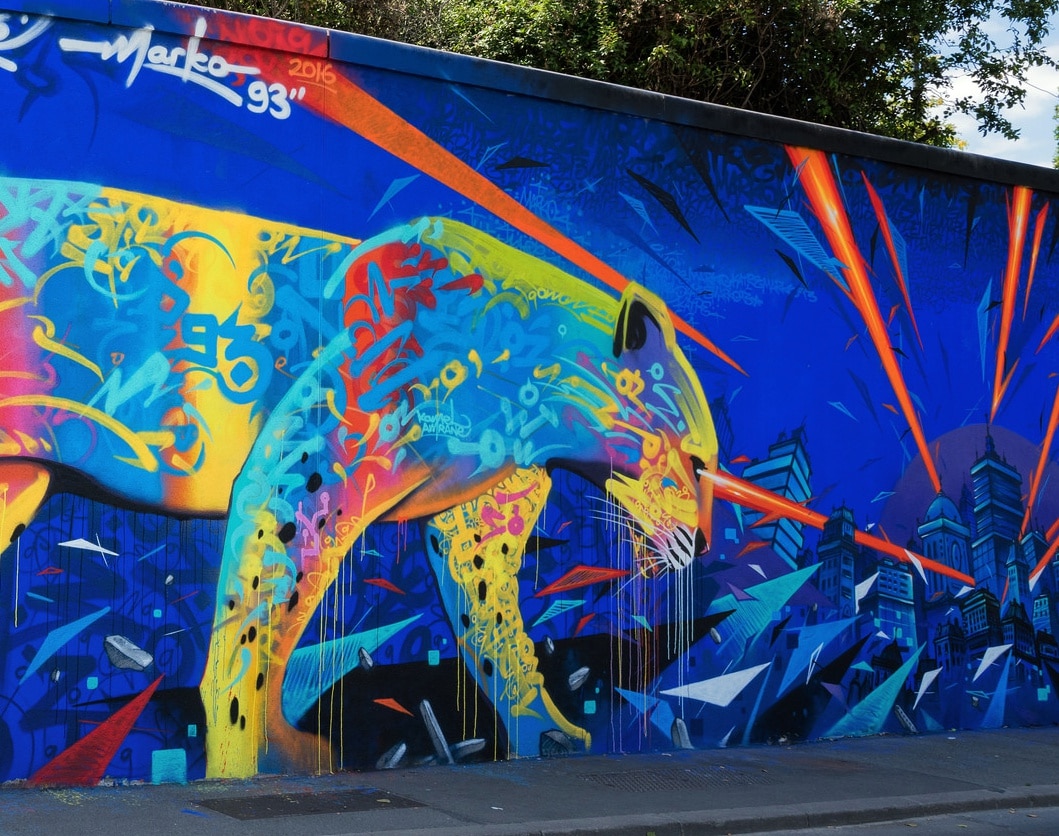 Paris Saint Denis Canal murals blue cat by Marko 93