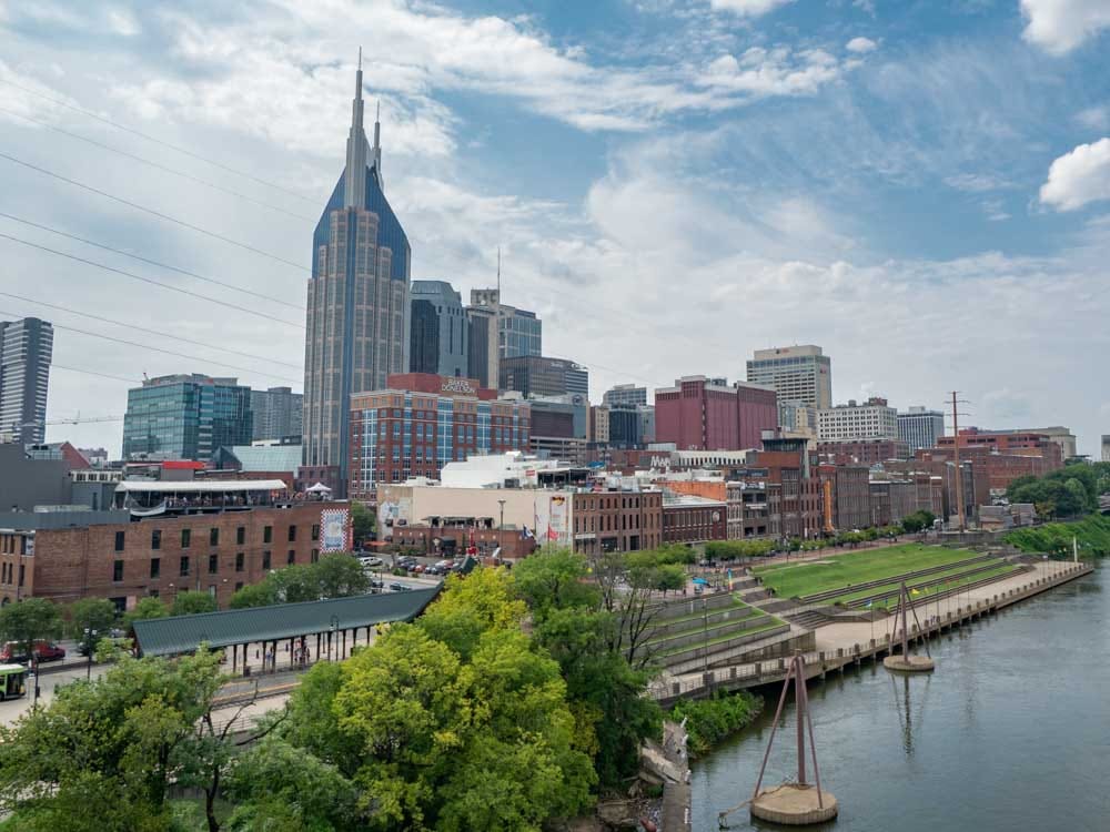 Nashville itinerary: daytime skyline from pedestrian bridge