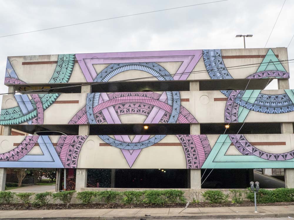 Nashville Mural in Elliston Parking Lot. Purple geometric street art