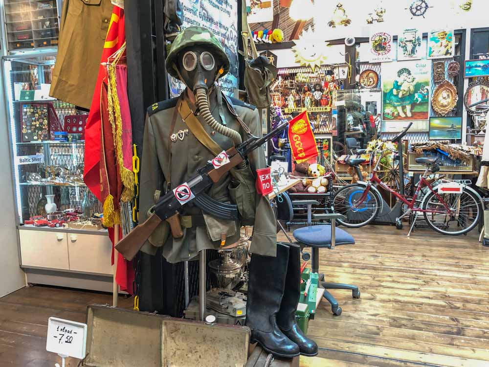 Balti Jaam Market Tallinn. Antique store and gas mask