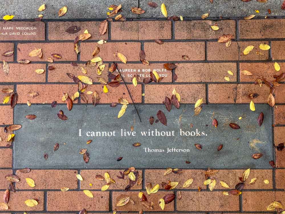 I cannot live without books. Book quote by Thomas Jefferson on bricks with leaves