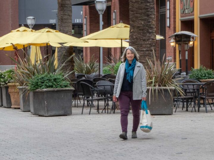 Running errands in Downtown Redwood City developing sustainainable habits
