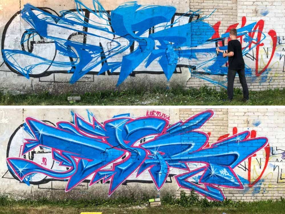 Tallinn Telliskivi graffiti artist, blue spray paint