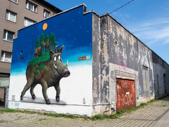 Tallinn mural by Goal. Mystical boar and elk