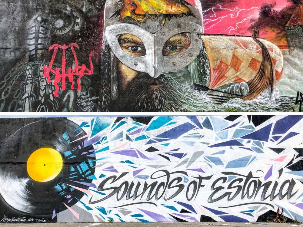 Tallinn street art murals in the harbor. Viking image and Sounds of Estonia