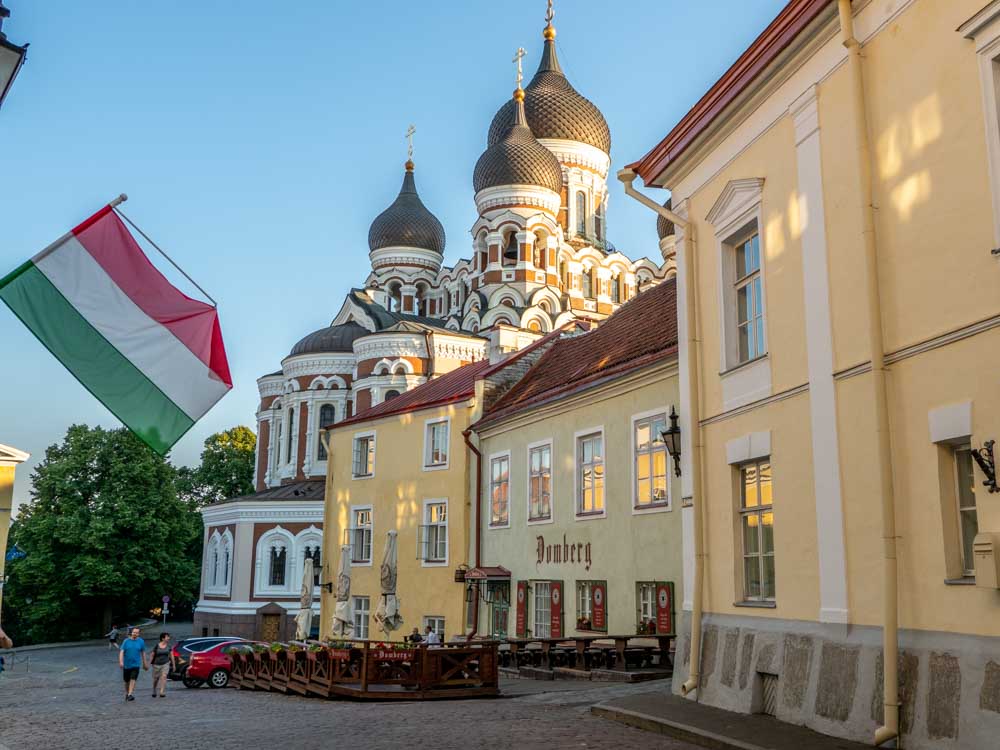 Tallinn Toompea Hill Alexander Nevsky Cathedral. Tallinn one day tour. Church with onion domes and yellow buildings