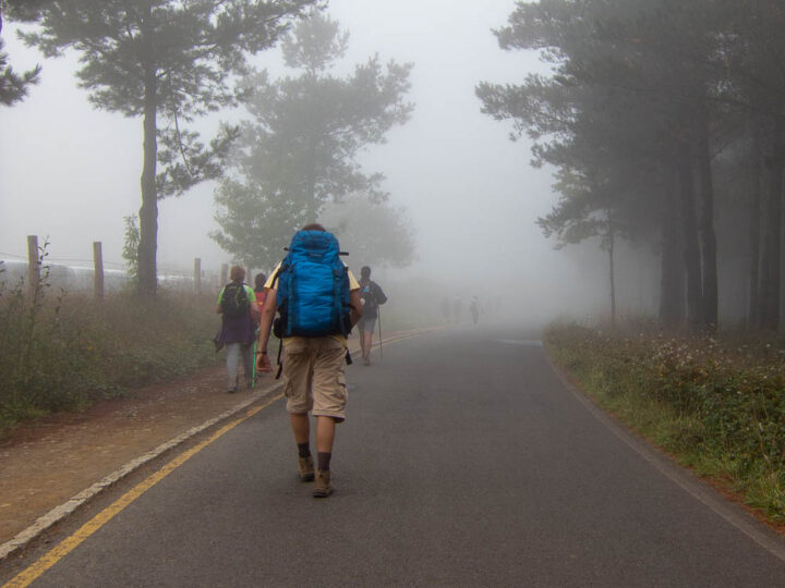 Camino de Santiago hiker with blue backpack and fog