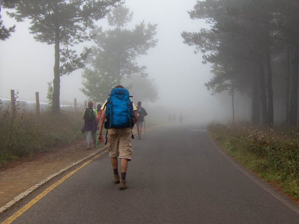 Camino de Santiago hiker with blue backpack and fog