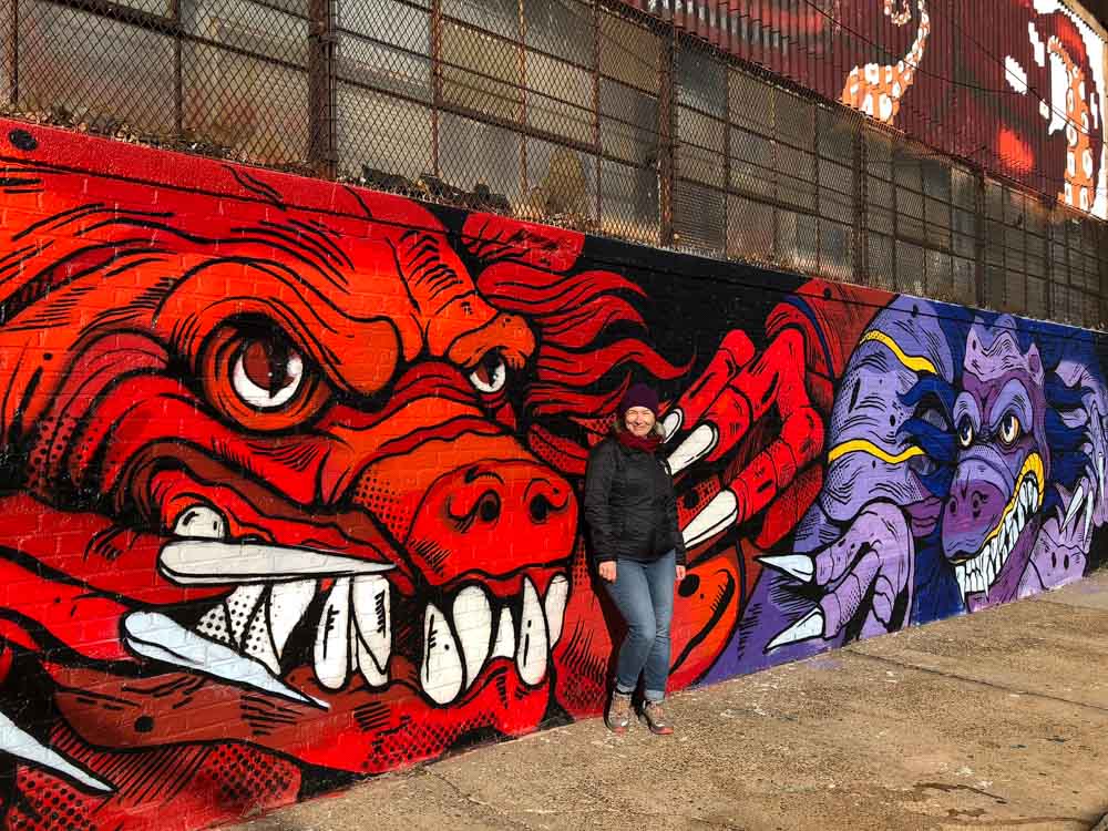 Brooklyn mural by Croctime red and purple monsters