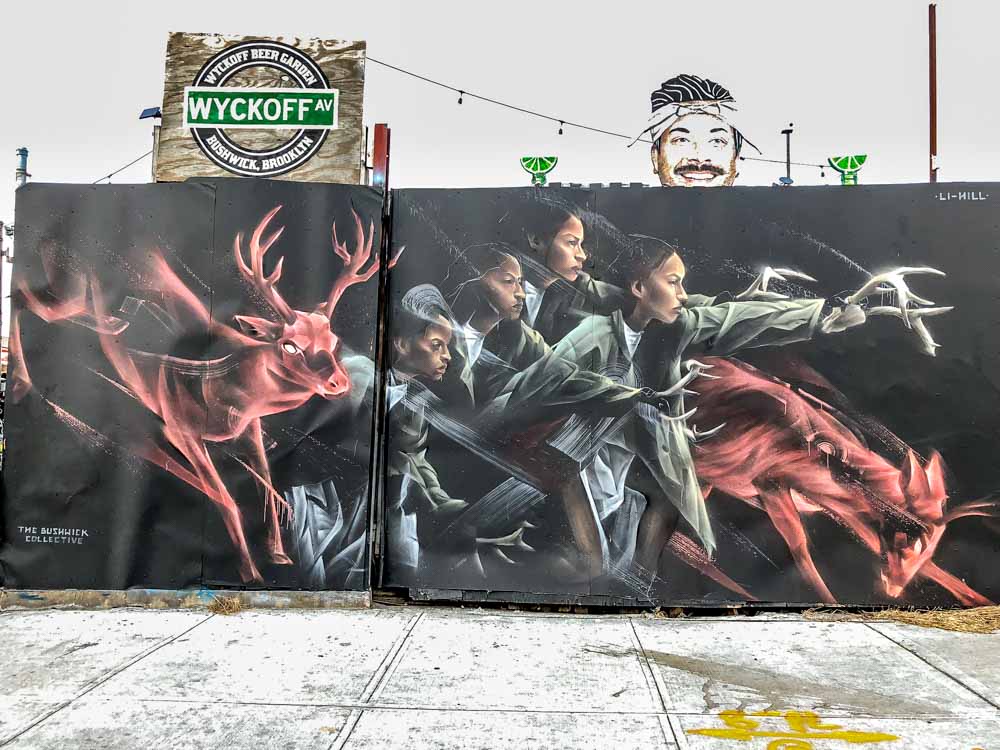 NYC Mural in Bushwich: Stags by Li Hill