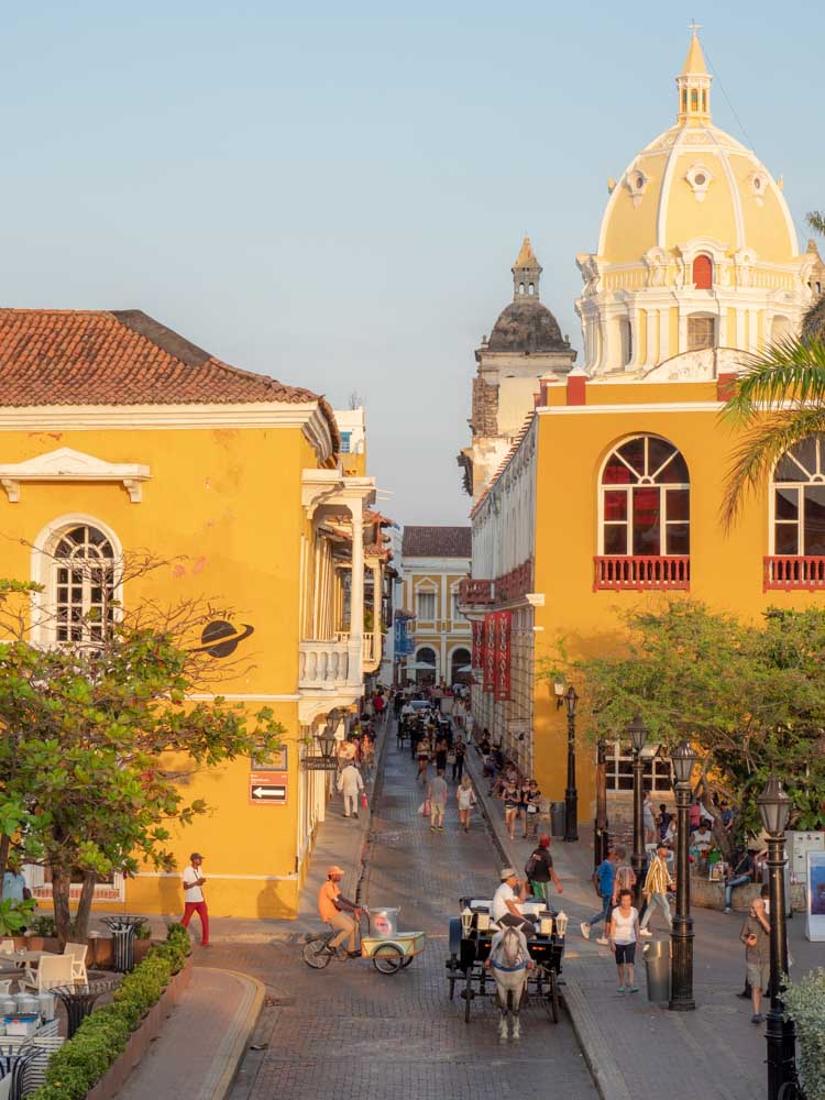Cartagena Colombia street scene at sunset
