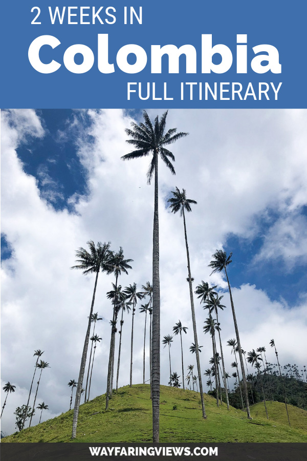 Colombia full two week itinerary. Blue image with wax palm trees