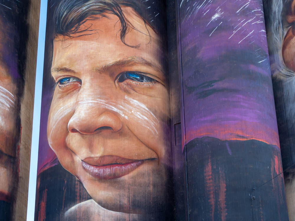 Silo Art Trail Victoria Australia. Adnate mural of a Aboriginal boy