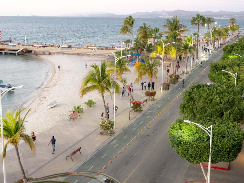La Paz Mexico Malecon view from above with palm trees and beach