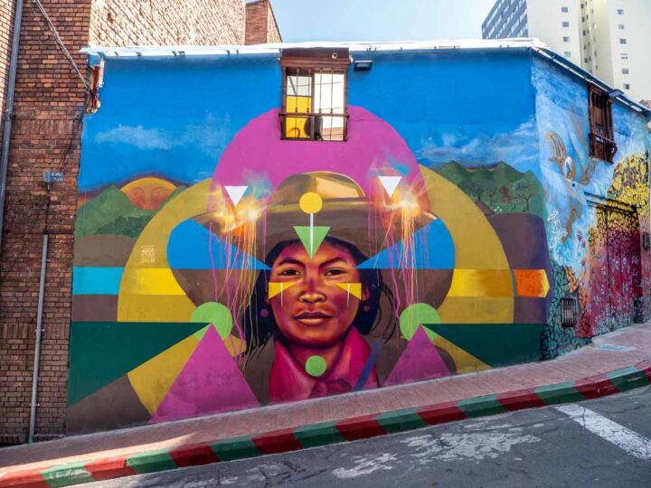 Bogota Graffiti tour Guache mural of an Indigenous person with blue, green and pink colors