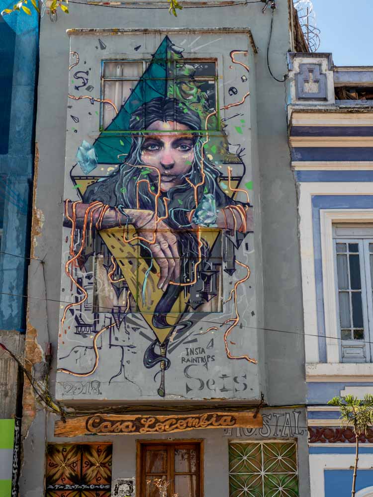 Bogota street art by Seis- woman on hostel wall