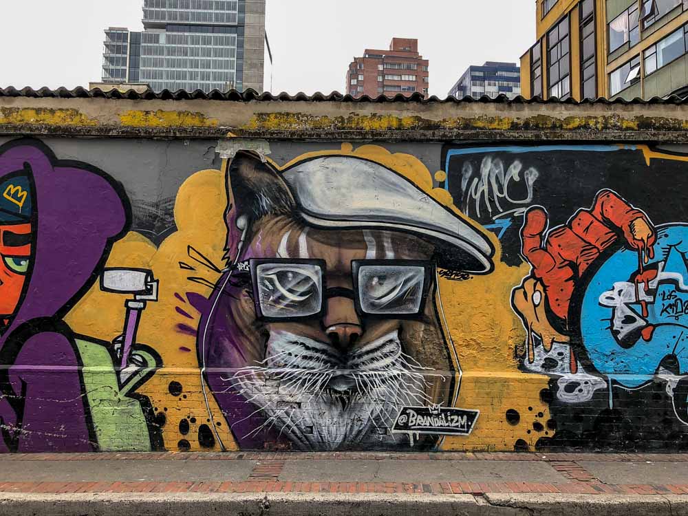 Bogota street art cat by Brandalism. Multicolored cat wearing a hat