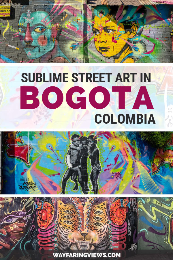 Street art in Bogota with images of human and cat figures