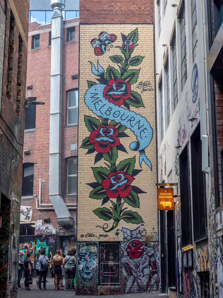 Melbourne street art: Steen Jones Mural Duckboard place - tall mural with red flowers