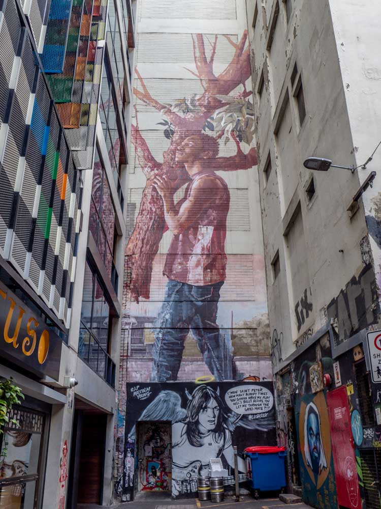 Fintan Magee mural ACDC graffiti lane Melbourne - mural of man carrying a tree