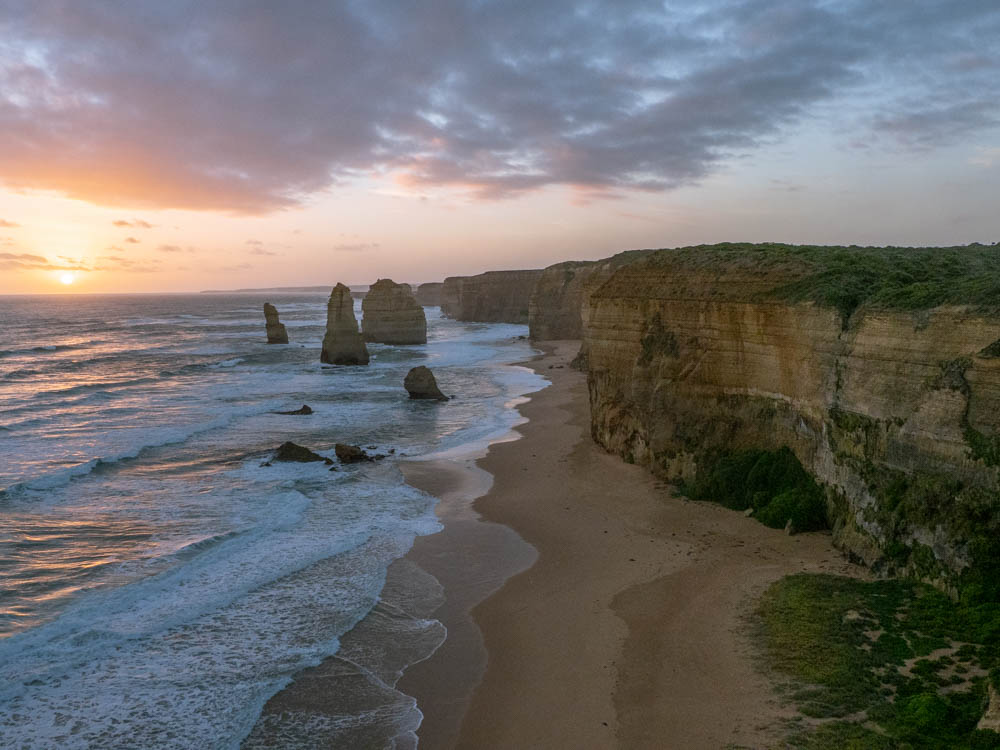 Great Ocean Road Drive 12 Apostles at dusk. Limestone stacks and coastal cliffs