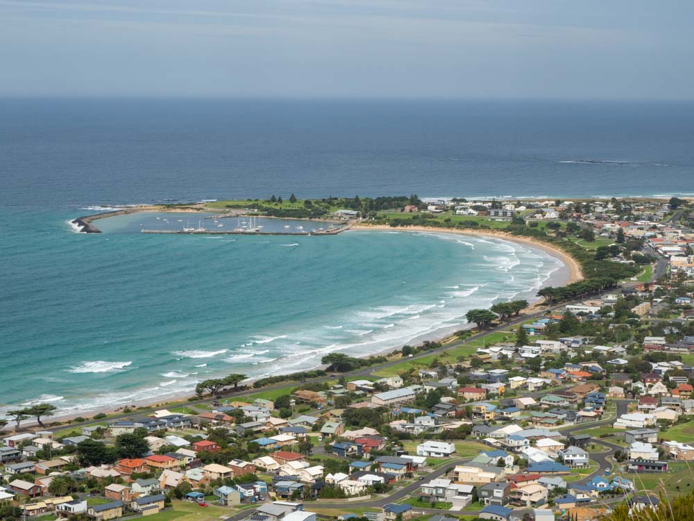 Mariners Lookout Apollo Bay Australia. Ocean bay with town and a point