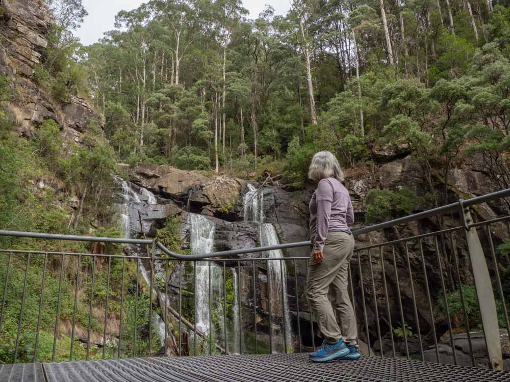 Stevenson Falls on the Great Ocean Road Victoria Australia. Waterfall with woman in the foreground