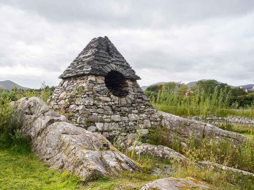 Ireland Ring of Kerry Beehive huts Sneem. Round rock structure