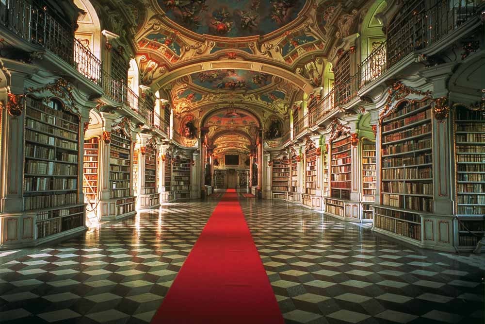 Austria Stiftsbibliothek Admont monestary library. hall with red carpet