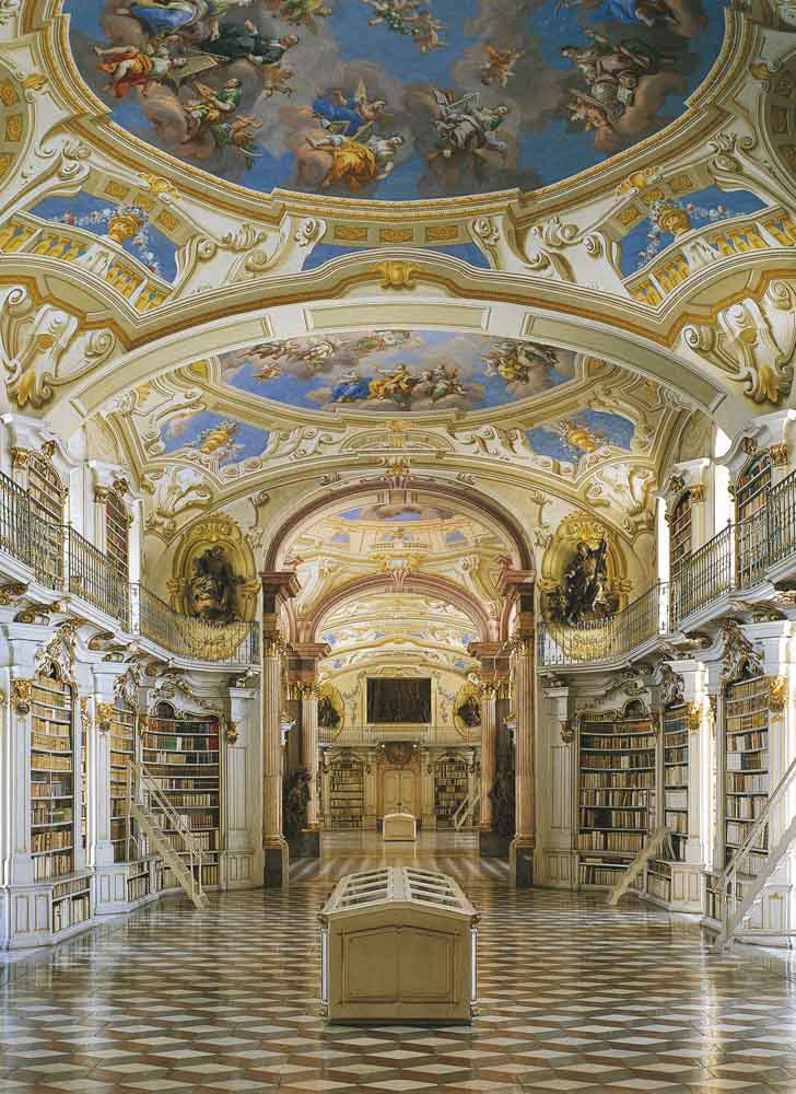 Austria Stiftsbibliothek Admont monestary library. Domed ceiling and bookshelves