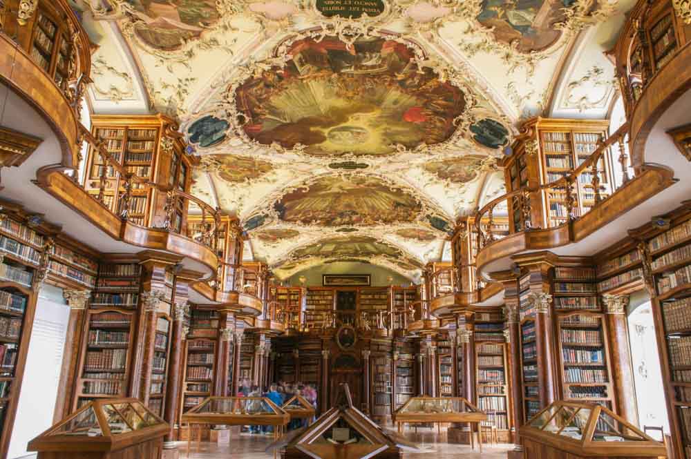 Switzerland Abbey Library of Saint Gall in Gallen. Decorative ceiling and bookshelves