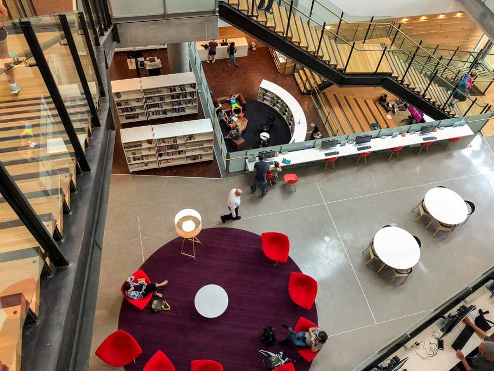 Cool libraries: Austin Texas Central Library interior with chairs, stairs and shelves