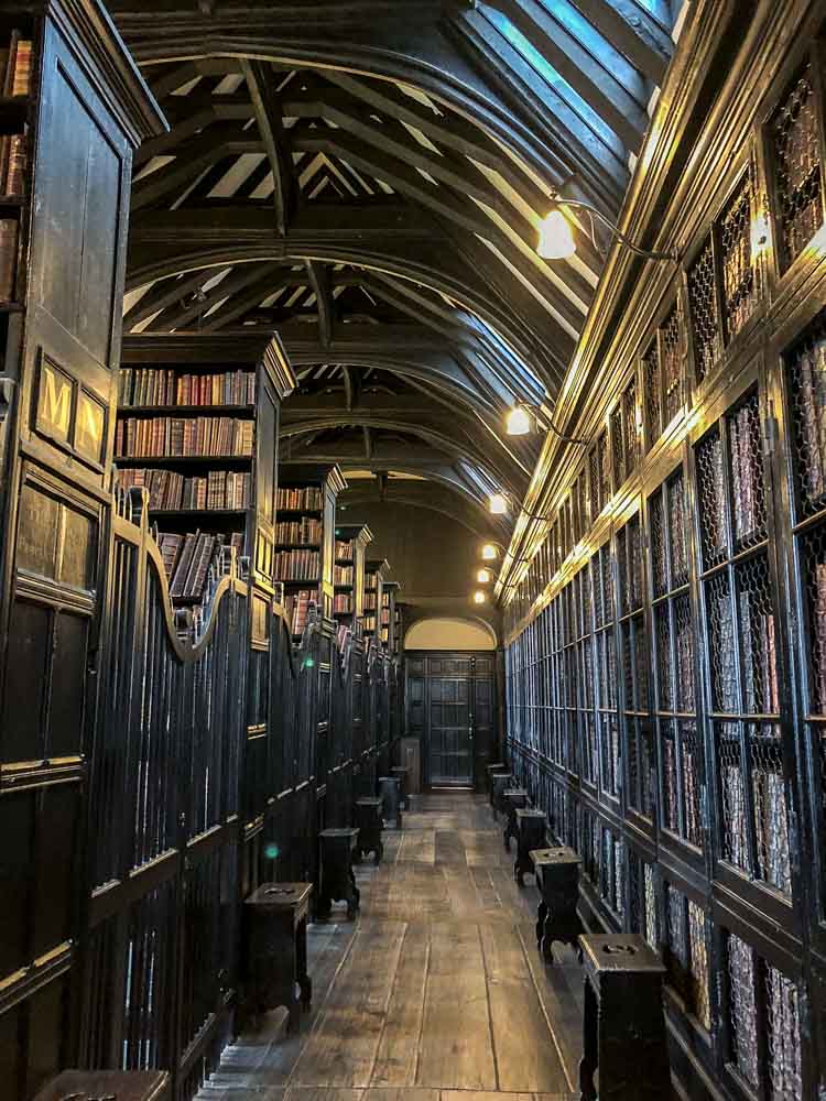 Manchester England Chethems library room. Old bookshelves and benches