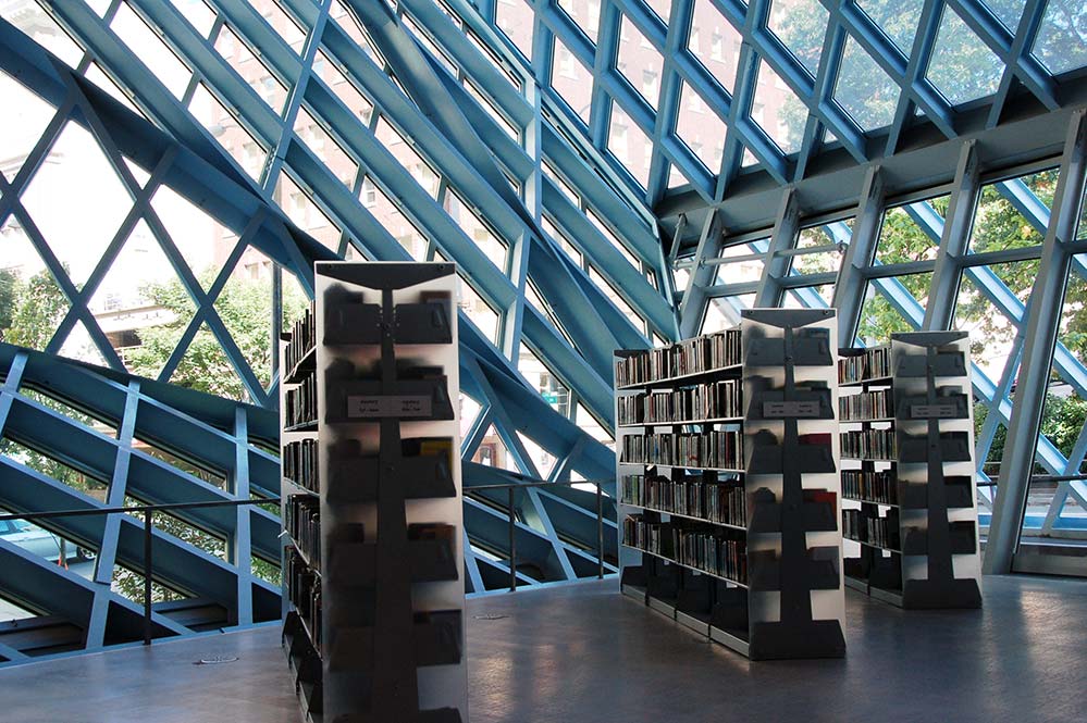 seattle public library. interior with bookshelves