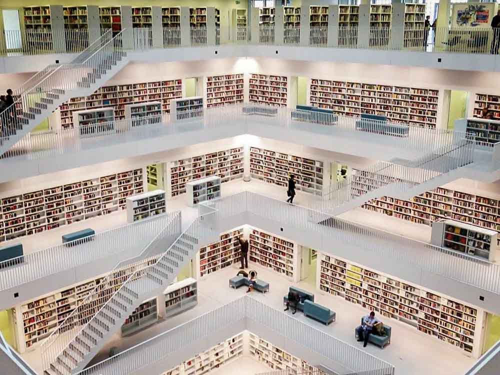 Stuttgart City Library in Germany. While walls and bookshelves