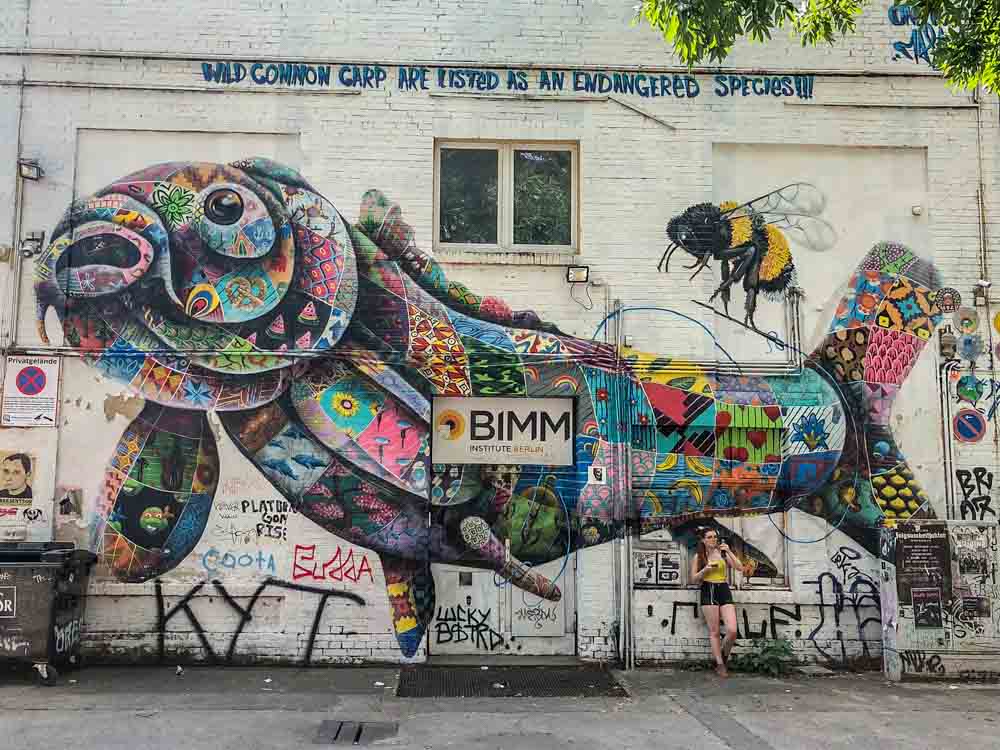 Berlin Louis Masai mural in Friederichshein. Wild common carp.