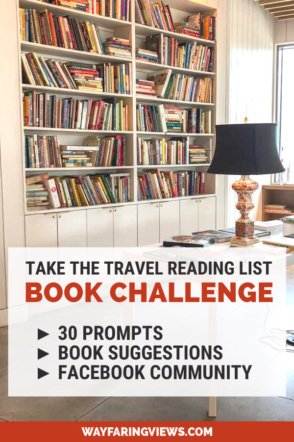 Take the Travel reading list challenge. Book challenge with reading prompts. Lamp and bookshelves
