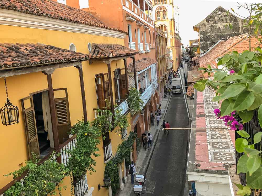Old Town Cartagena street scene. Orange buildings from above