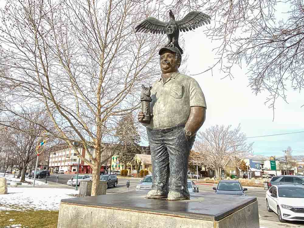Reno art sculpture Rhinoman. Man with bird on his head