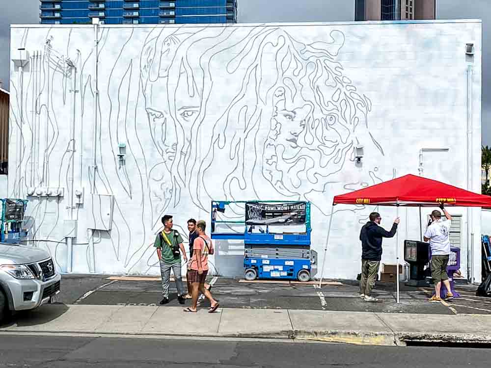 Honolulu Tristan and Matt Eaton mural in progress. Sketch of mural on a white background