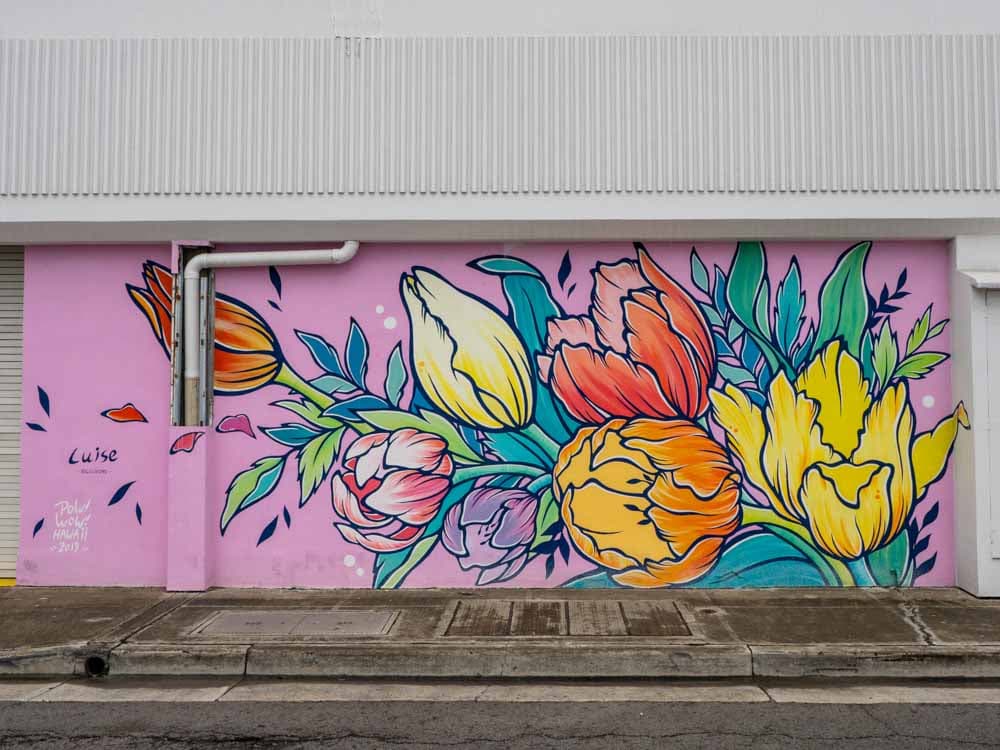 Louis Ono POW!WOW! mural in Honolulu. red and yellow flowers on a pink background