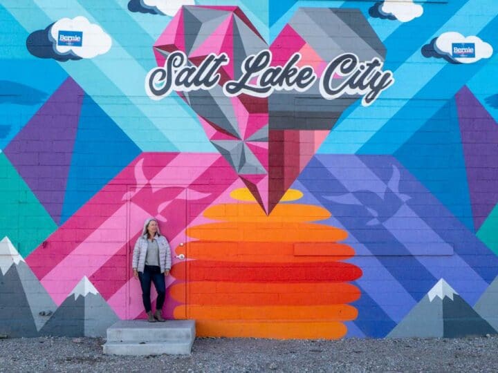 Salt Lake City Mural by Pat Milbery, Pat Mckinney. pink, orange, blue and grey mural