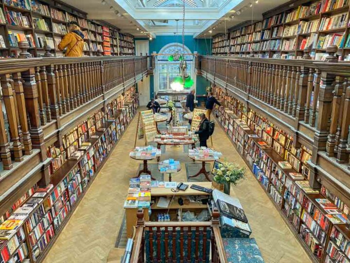 Bookshops in London: Daunt Books Marlybone. Victorian bookstore interior.