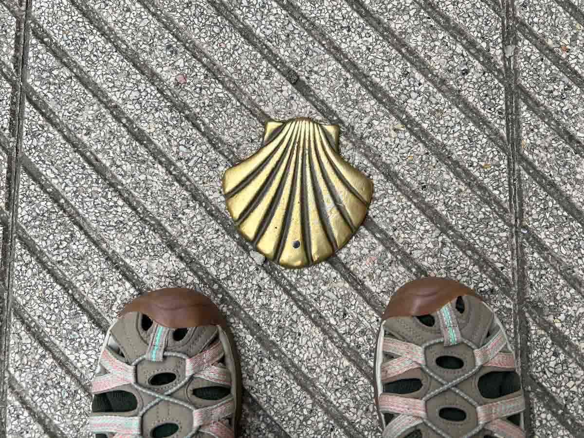 Camino de Santiago shoes - sport sandals and shell symbol
