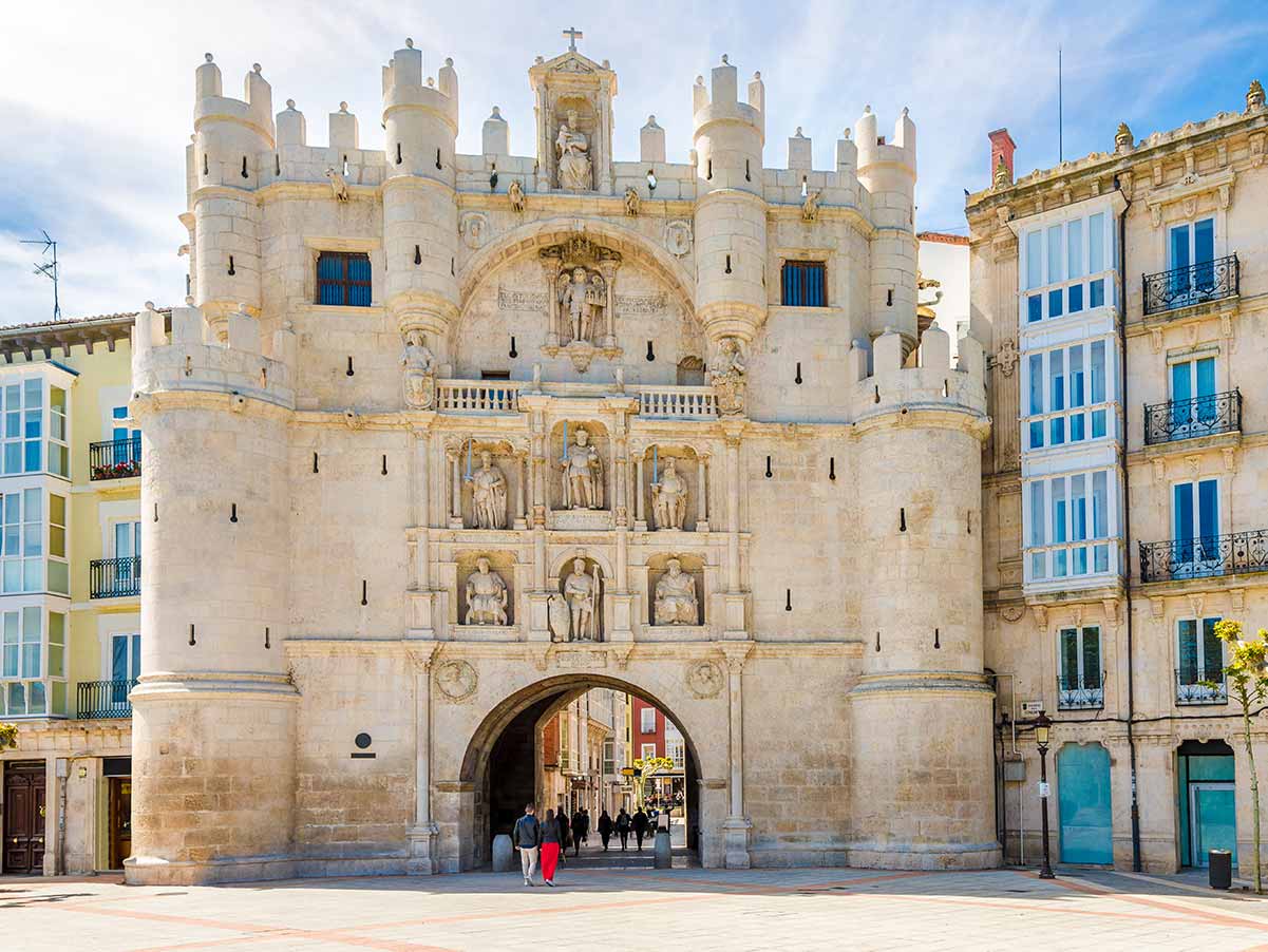 Santa Maria arch in Burgos Spain. Carved stone facade and archway