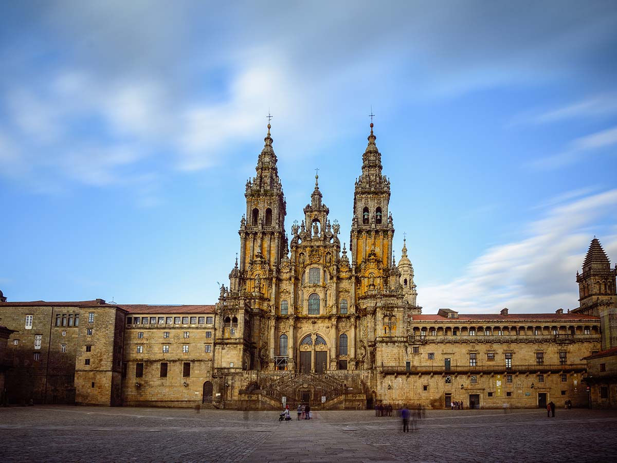 The Cathedral in Santiago de Compostala. Church and plaza at the end of the Camino