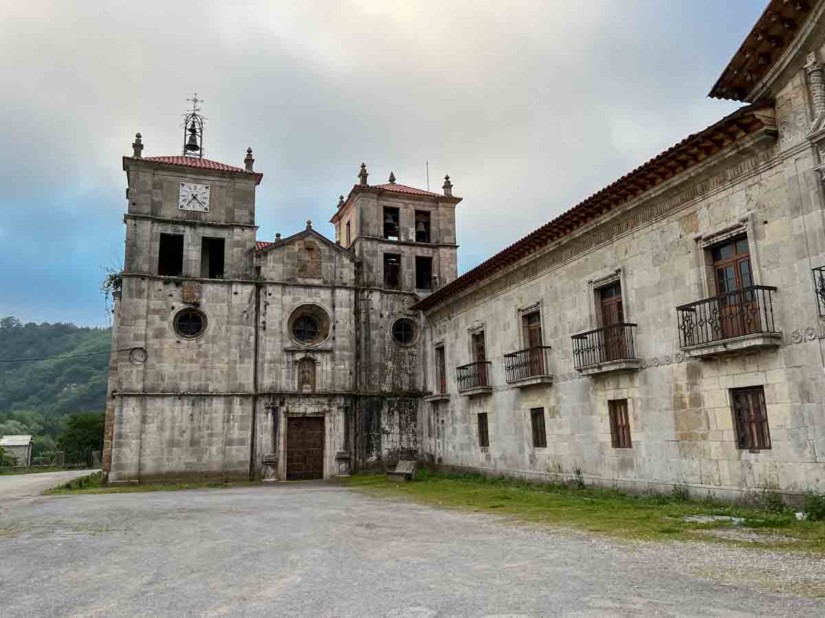Camino de Santiago albergue at Cornellana Monastery. Stone building and church